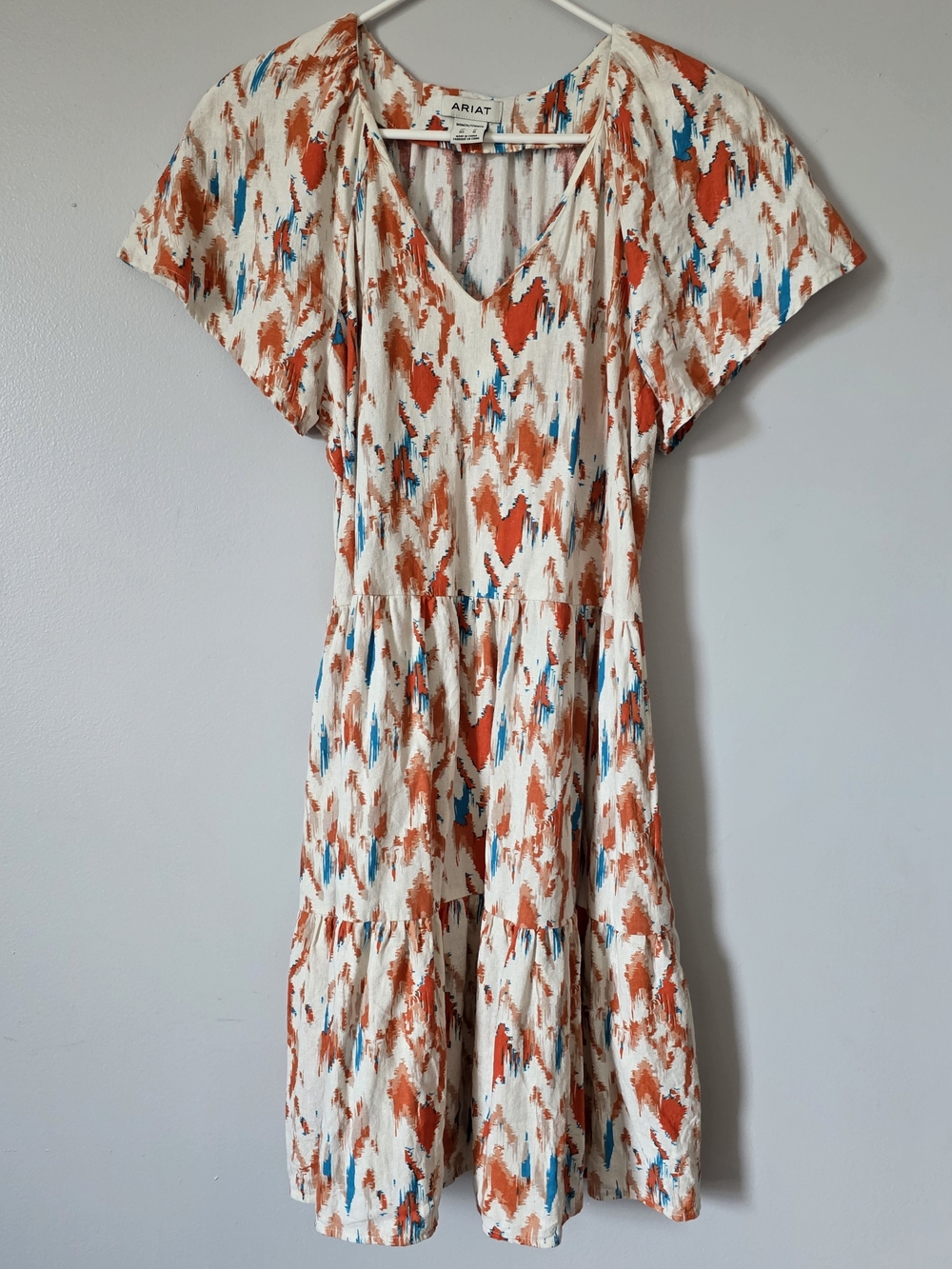 Ariat Ivory Dress with Orange & Teal Watercolor Print Medium Flutter Sleeve